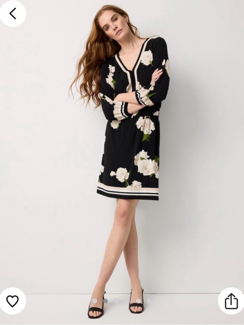 White House Black Market Black Floral V-Neck Dress with Cream Blooms